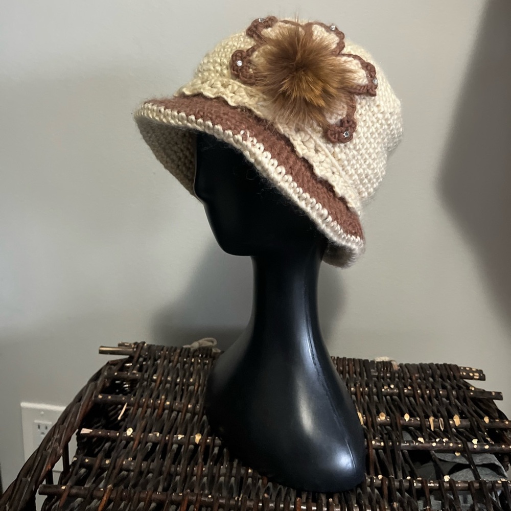 Crochet Cream and Brown Women's Hat with flower